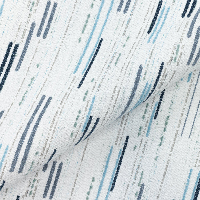 Close shot texture image of Contemporary ocean blue and white outdoor safe boucle and chenille fabric with broken line patterns – Connection Ocean by Elaine Smith