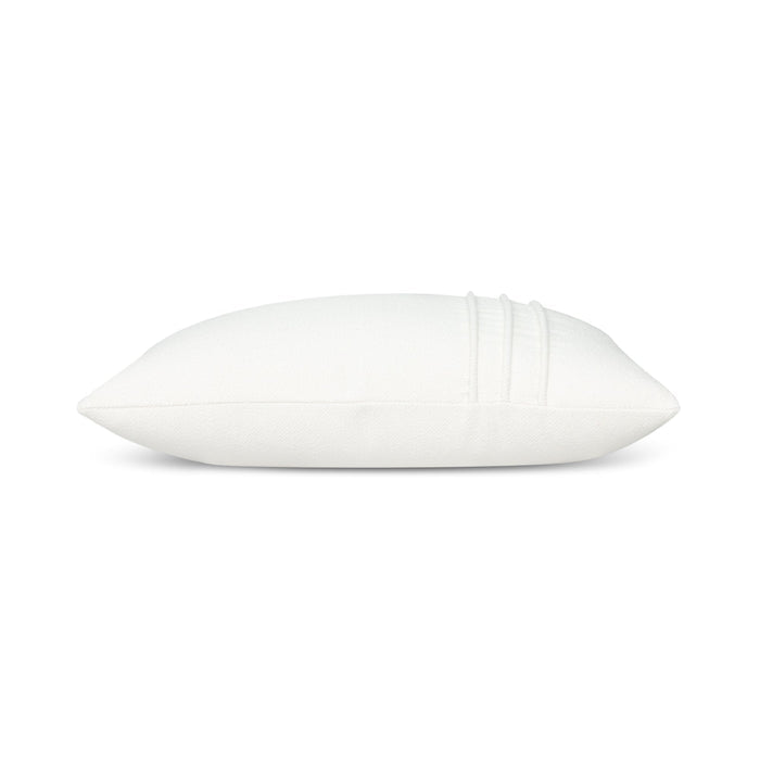 Side image of White outdoor pillow with smooth texture, square size for elegant patio decor