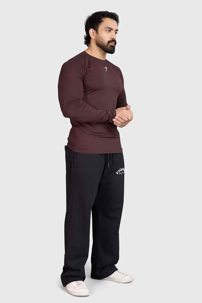 Fuaark Nz brown full-sleeves T-shirt, casual style, soft fabric, fitted design, visible neckline and sleeves.