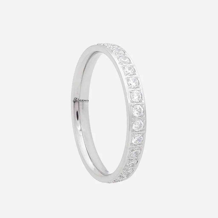Silver CZ fully inlay stainless steel band ring by Glitters, showing detailed design and polished finish.
