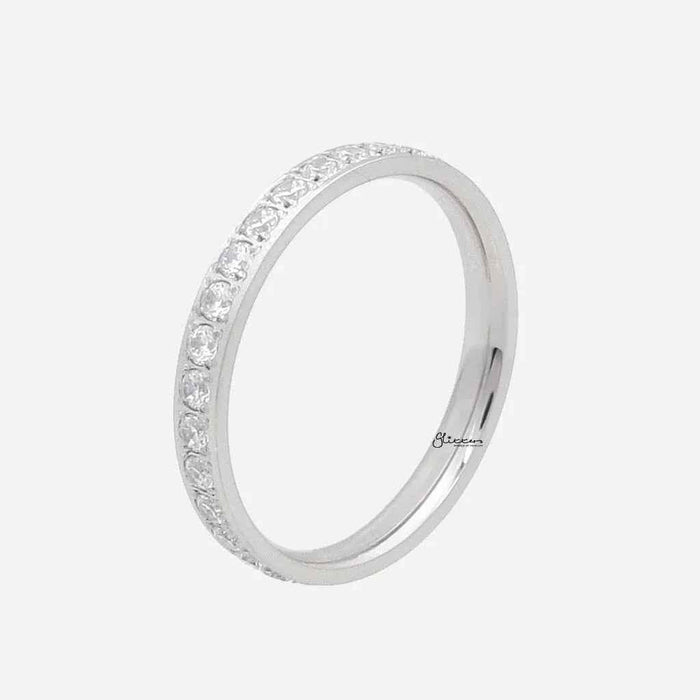 Silver CZ fully inlay stainless steel band ring by Glitters, showcasing a sleek design with sparkling CZ stones and polished finish.
