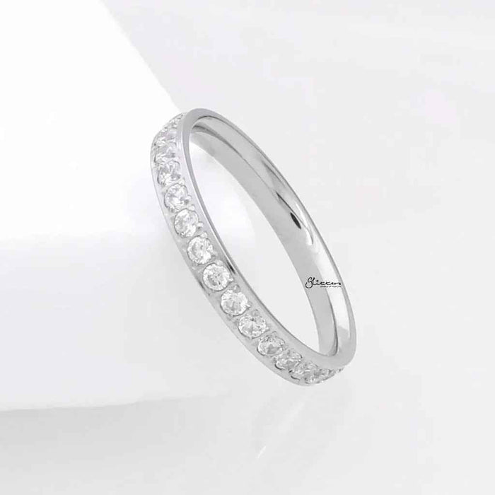 Silver Glitters CZ Fully Inlay Stainless Steel Band Ring showing a sleek design with sparkling CZ stones.