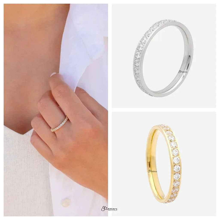 Silver CZ fully inlay stainless steel band ring by Glitters, featuring a sleek design with sparkling cubic zirconia accents.