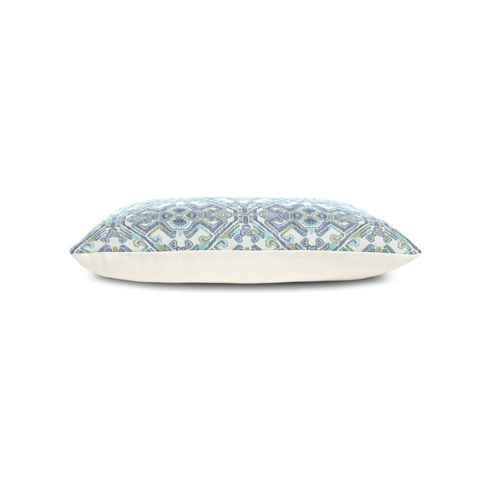 Side image of Blue outdoor pillow with mosaic pattern, lumbar size for coastal-inspired outdoor styling