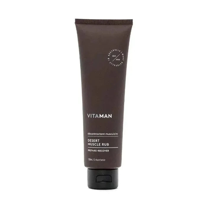 VITAMAN Australia Desert Muscle Rub for Men, body grooming solution with natural ingredients, displayed in a sleek container.