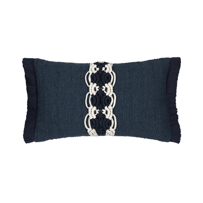 Indigo outdoor pillow with macrame banding design, square size for classic outdoor elegance