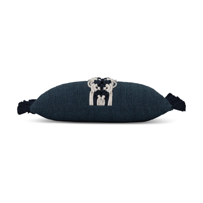 Side image of Indigo outdoor pillow with macrame banding design, square size for classic outdoor elegance