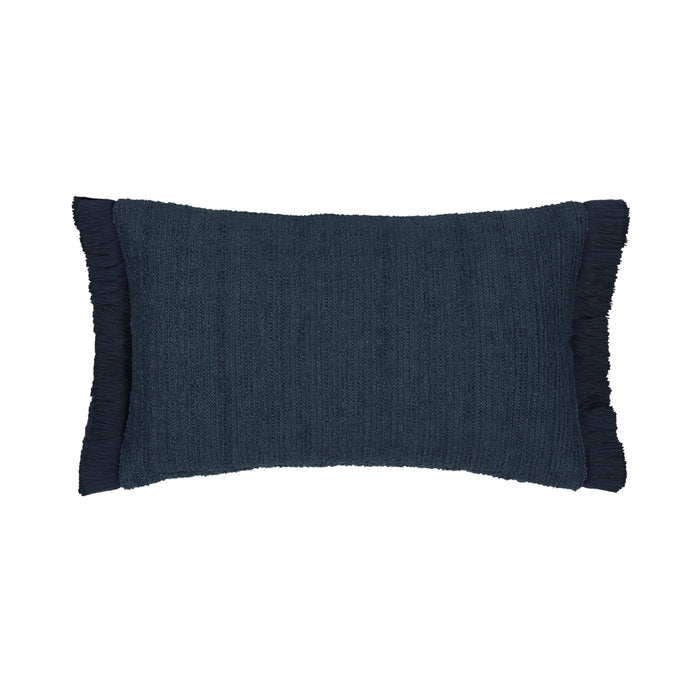 Back image of Indigo outdoor pillow with macrame banding design, square size for classic outdoor elegance