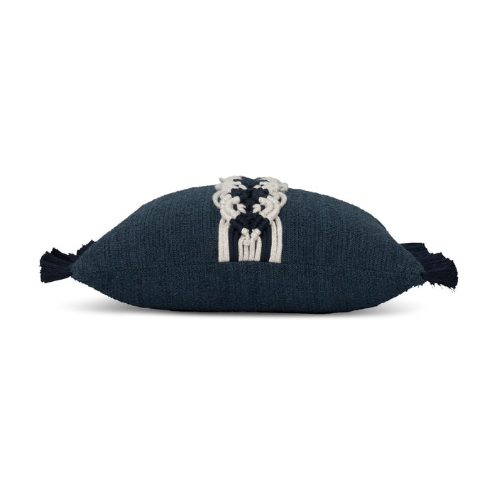 Side image of Indigo outdoor pillow with macrame banding design, square size for timeless outdoor styling