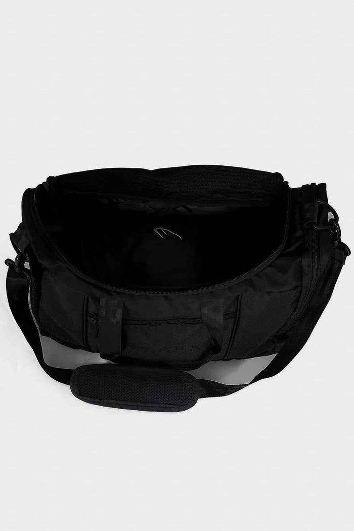 Black Fuaark NZ duffle bag with sturdy handles and spacious interior, ideal for travel and stylish storage.