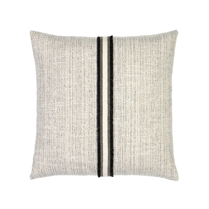 Ivory and black square outdoor pillow with textured finish and charcoal appliqued banding for stylish patio accents