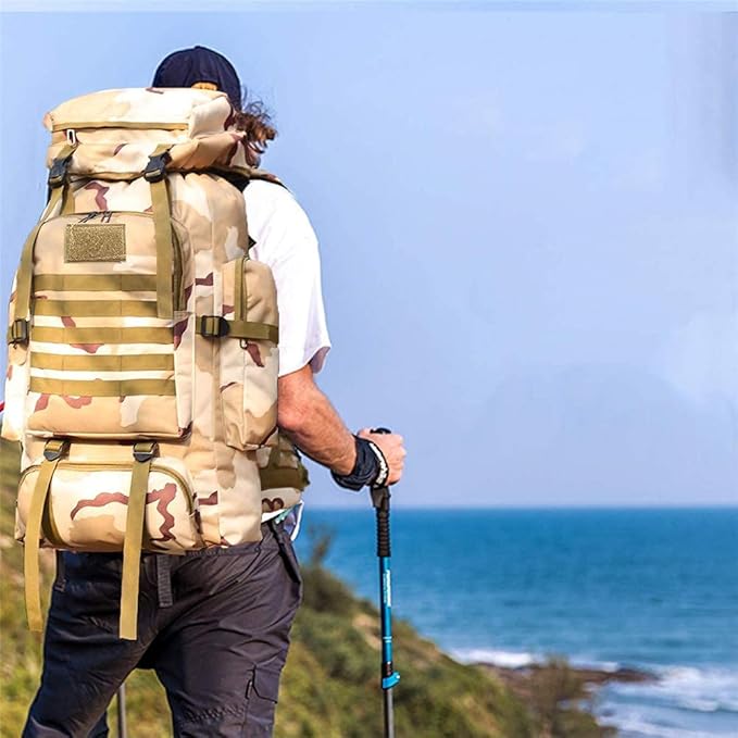 ECOTREK 80L hiking and camping backpack, waterproof and durable, shown with adjustable straps and multiple compartments.