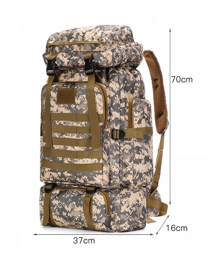 ECOTREK 80L hiking and camping backpack showing waterproof, durable fabric and multiple compartments for outdoor gear storage.