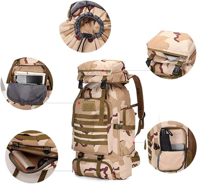 ECOTREK 80L hiking and camping backpack, waterproof and durable, shown with multiple compartments and adjustable straps.