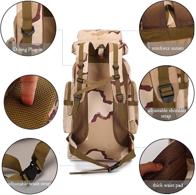 ECOTREK 80L hiking and camping backpack, waterproof and durable with multiple compartments and adjustable straps.