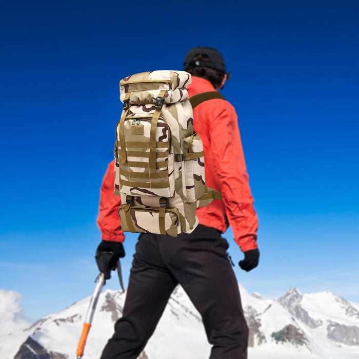 ECOTREK 80L hiking and camping backpack, waterproof and durable with multiple compartments, shown in black with adjustable straps