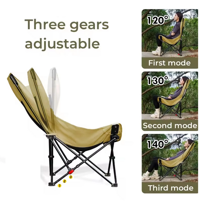 ECOTREK three-position portable outdoor chair with foldable frame, lightweight design, and comfortable seating for outdoor activities.