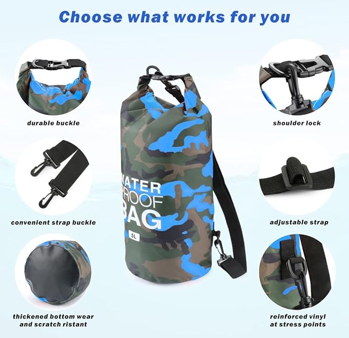 ECOTREK waterproof dry bag in 15L, 20L, or 30L with shoulder strap, durable storage bag for outdoor and water activities