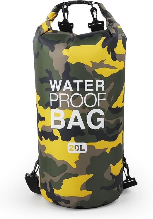 ECOTREK waterproof dry bag in 15L, 20L, or 30L with shoulder strap, designed for secure outdoor storage and protection from water.
