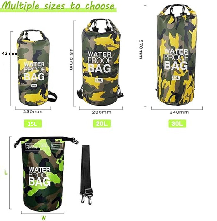 ECOTREK waterproof dry bag in 15L, 20L, or 30L with shoulder strap, durable storage bag for outdoor and water activities