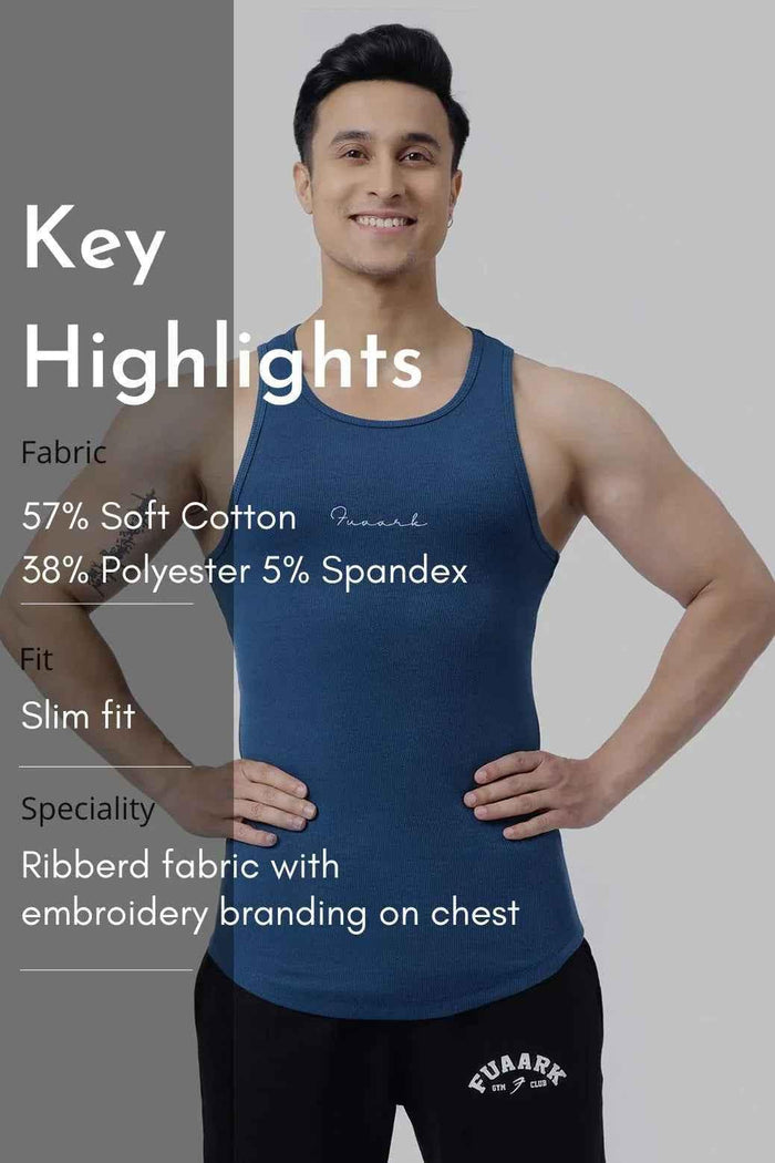 Fuaark Nz teal ribbed tank top for men, close-up of fitted sleeveless shirt with ribbed texture and round neckline