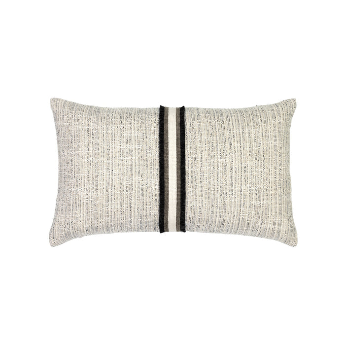 Ivory and black lumbar outdoor pillow with textured finish and charcoal appliqued banding for stylish patio accents