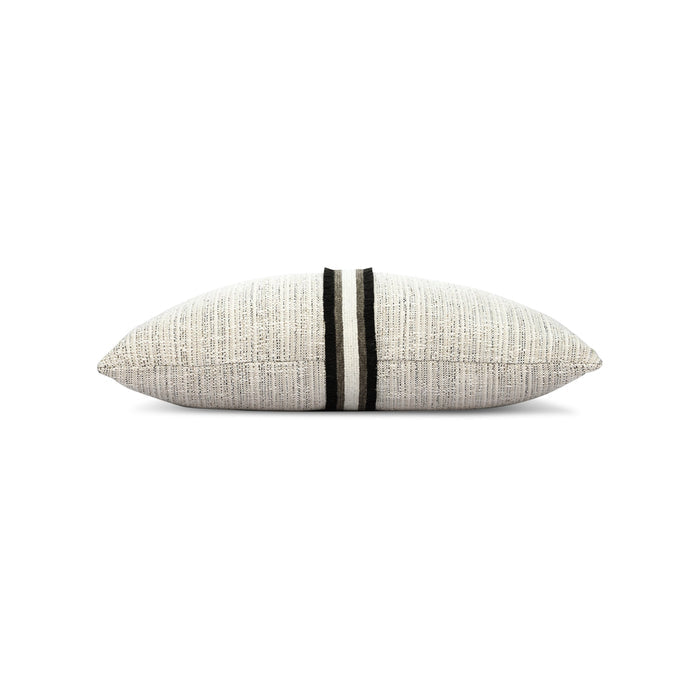 Side image of Ivory and black lumbar outdoor pillow with textured finish and charcoal appliqued banding for stylish patio accents