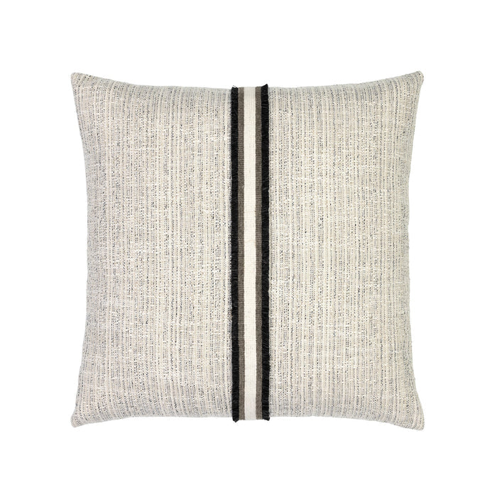 Ivory and black square outdoor pillow with textured finish and charcoal appliqued banding for stylish patio accents