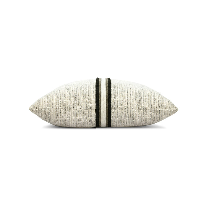 Side image of Ivory and black square outdoor pillow with textured finish and charcoal appliqued banding for stylish patio accents
