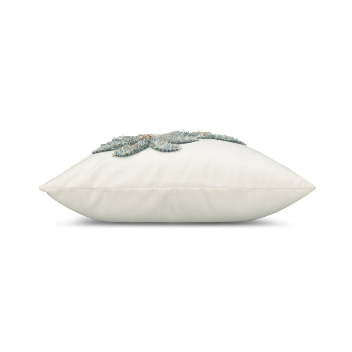 Side image of Ivory outdoor pillow with palm leaf pattern square size for tropical patio decor