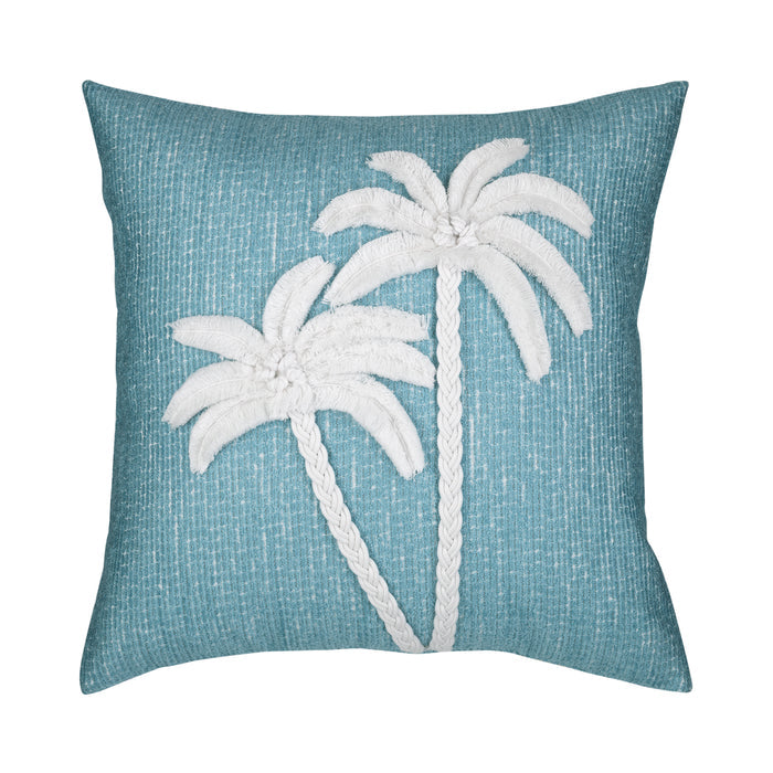 Aqua outdoor pillow with palm leaf pattern square size for refreshing patio decor