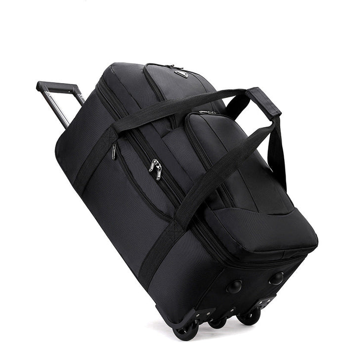Black ECOTREK expandable rolling checked-in duffle bag with wheels, showing its spacious design and sturdy handle.