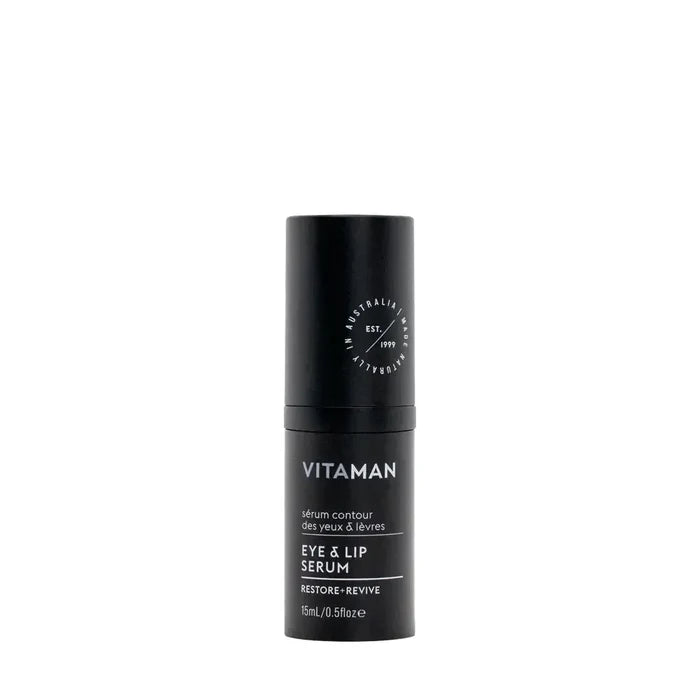 VITAMAN Australia face eye and lip serum bottle, showcasing the skincare product for hydration and rejuvenation.