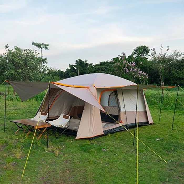 ECOTREK family tent with double-layer waterproof design, available in three sizes and two colors, shown in khaki.
