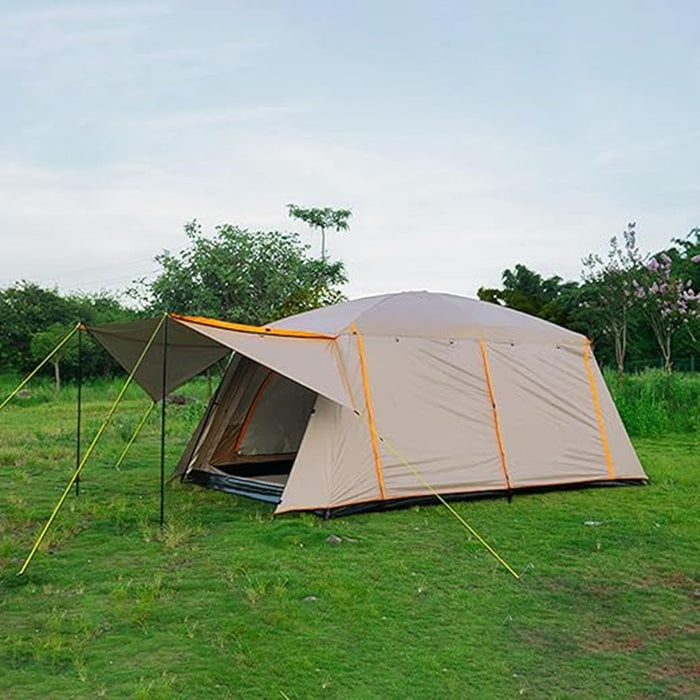ECOTREK family tent with double layers, waterproof design in khaki color, available in three sizes and two color options.