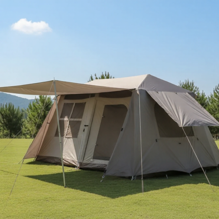 ECOTREK family tent with double layers, waterproof design, manual pole setup, featuring PU3000+ coating for outdoor camping.