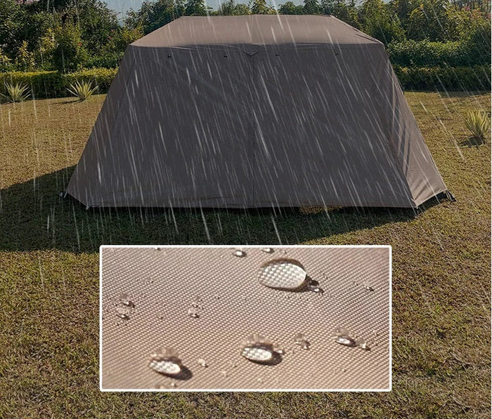 ECOTREK family tent with double layers, waterproof design, manual pole setup, featuring PU3000 coating for outdoor camping.