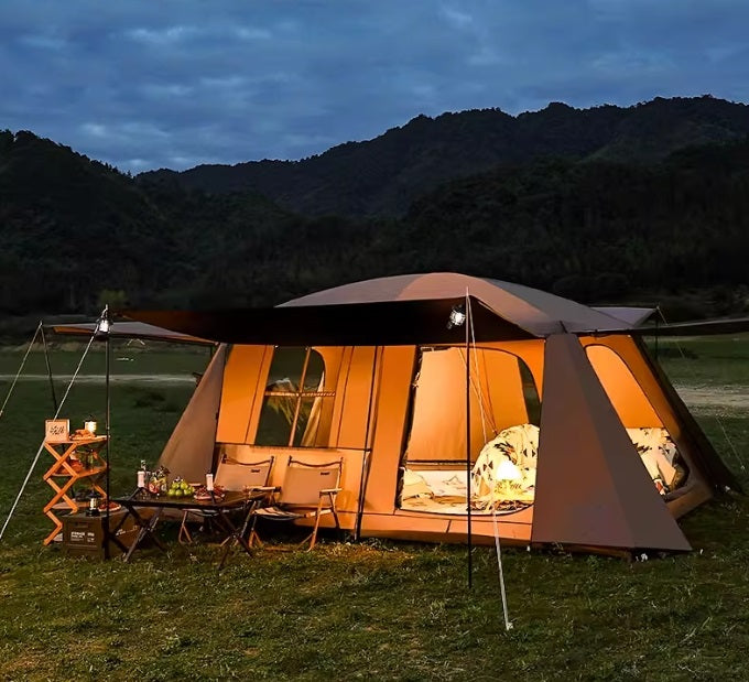 ECOTREK waterproof family tent with double layers, manual pole setup, PU3000+ waterproof fabric, suitable for outdoor camping.