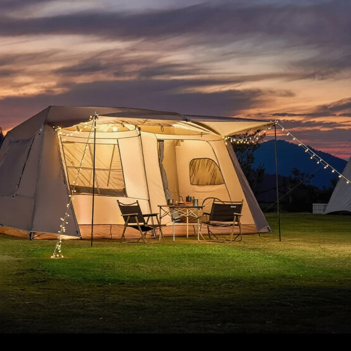 ECOTREK family tent with double layers, waterproof design, manual pole setup, featuring PU3000+ waterproof coating.