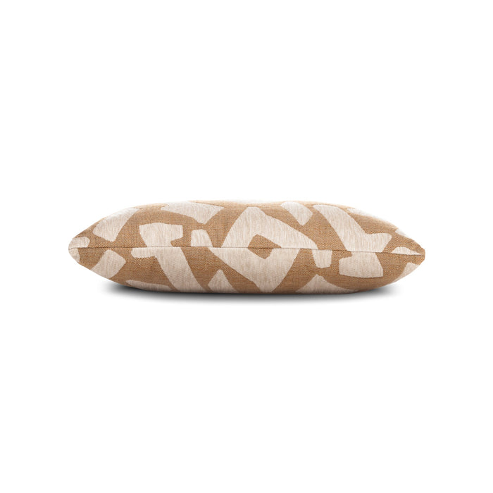 Side image of Caramel outdoor pillow with abstract pattern lumbar size for bold patio decor by Elaine Smith