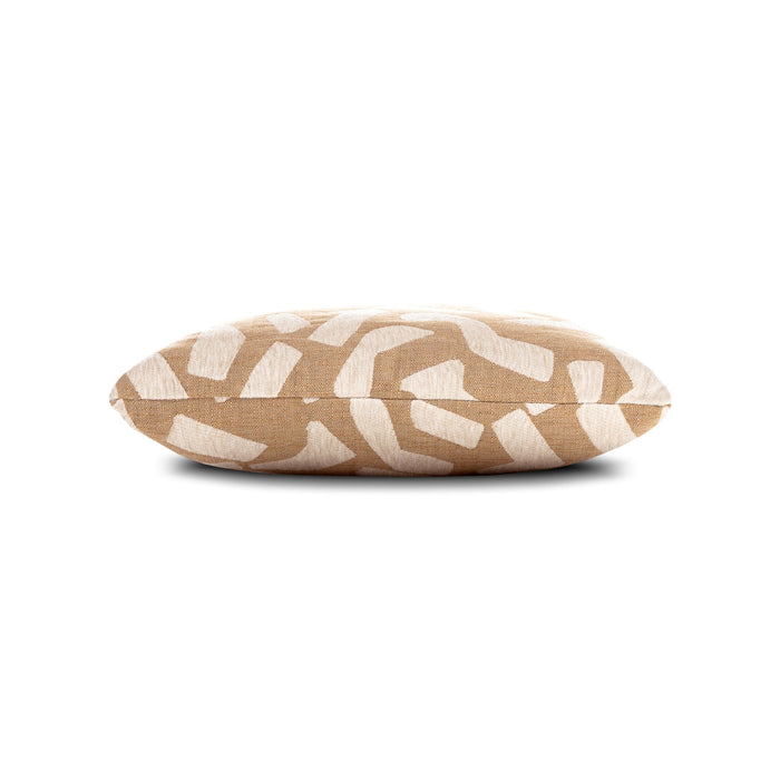 Side image of Caramel outdoor pillow with abstract pattern square size for bold patio decor by Elaine Smith