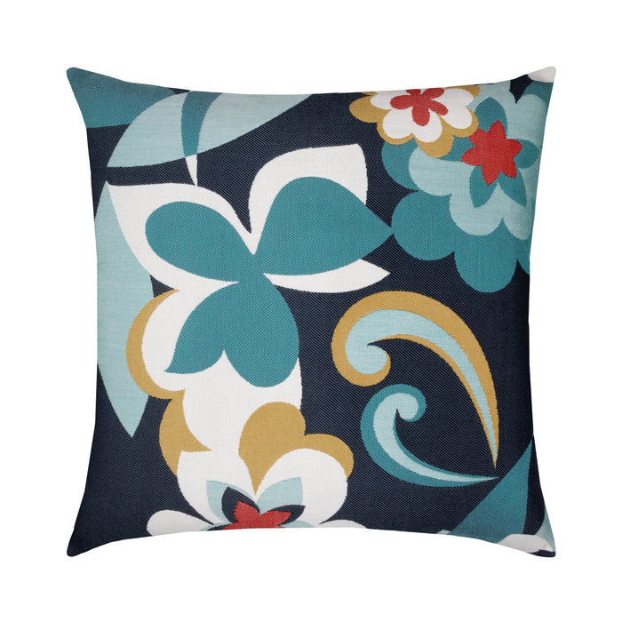 Pillow made from Bold floral outdoor safe fabric with white, red, and navy blue blooms
