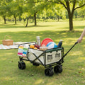 Foldable outdoor trolley picnic cart with 360° rotating wheels in beige and green, ideal for camping and outdoor activities.