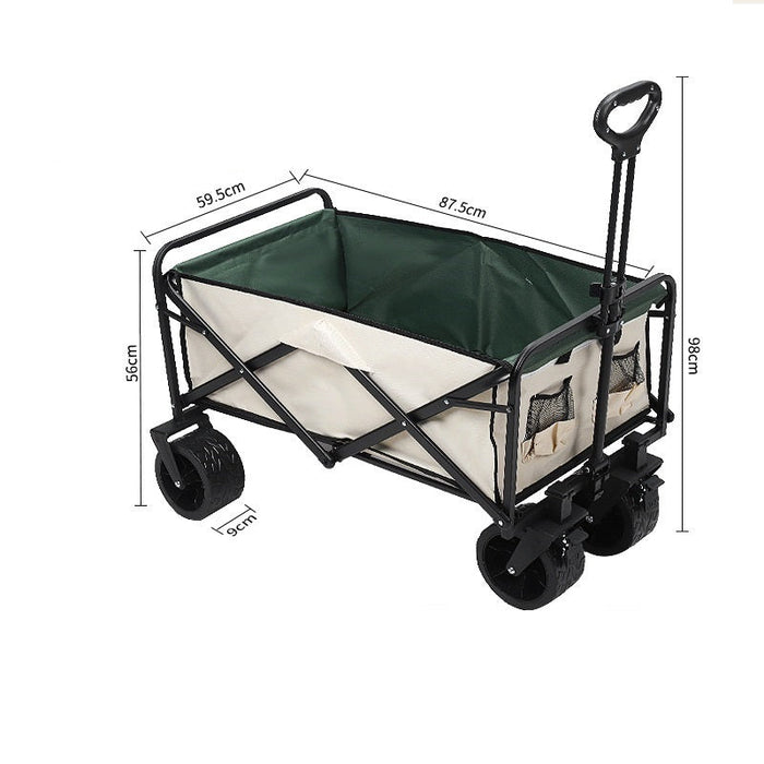 Foldable outdoor picnic trolley with beige and green finish, 360° rotating wheels, ideal for camping and outdoor activities.