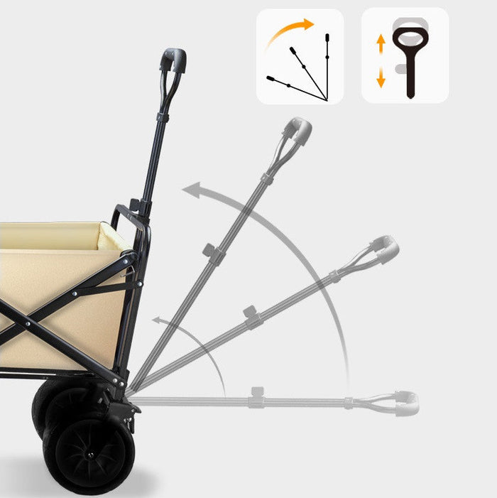 Foldable outdoor trolley picnic cart with 360° rotating wheels in beige and green, ideal for camping and outdoor activities.