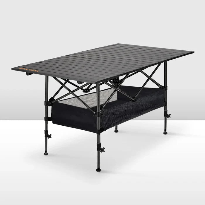 Black ECOTREK folding camping table, adjustable and portable outdoor table, 95cm in length, suitable for camping and outdoor activities.