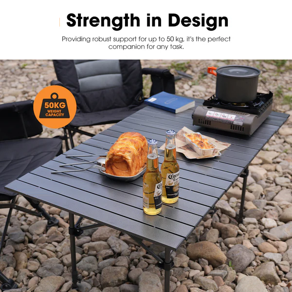 Black ECOTREK folding camping table, adjustable and portable outdoor table, 95cm in length, suitable for camping and outdoor activities.