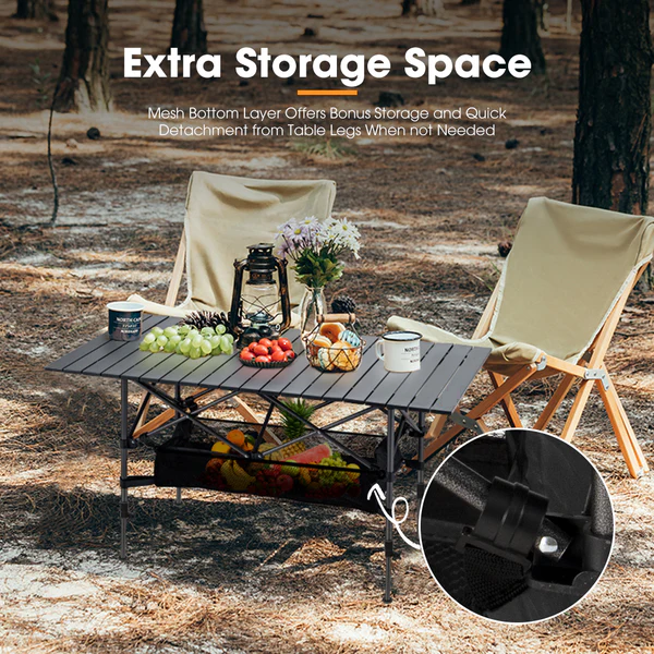 Black ECOTREK folding camping table, adjustable and portable outdoor table, 95cm in size, suitable for camping and outdoor activities.