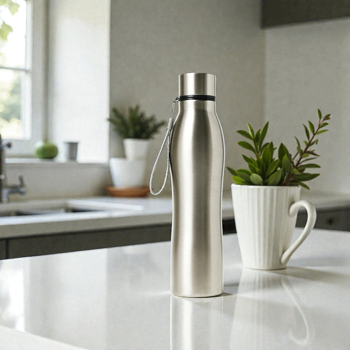 Stainless steel Frankly Cotton 1L drink bottle by Nest & Stem Homewares, 29cm tall with a sleek design and secure screw cap.