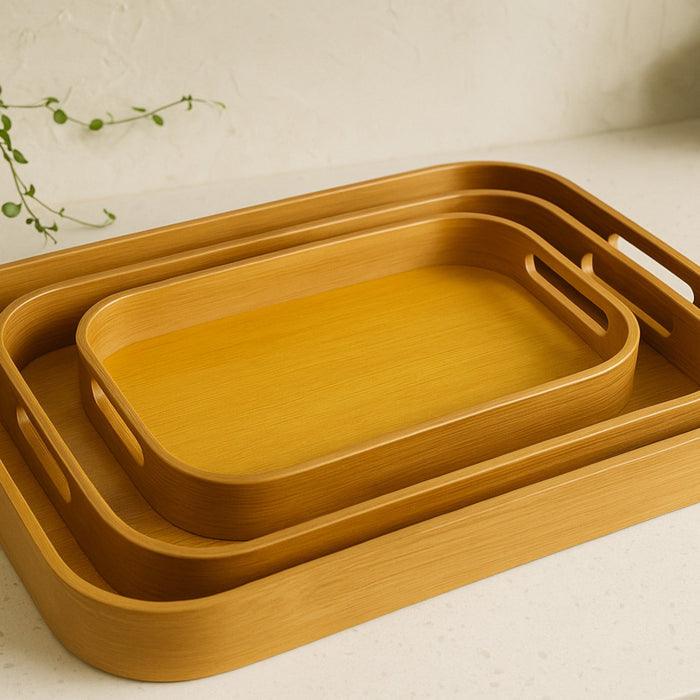 Nest & Stem Homewares Frankly Cotton Bamboo Serving Trays, set of two, showing sleek, natural bamboo finish with handles for serving.